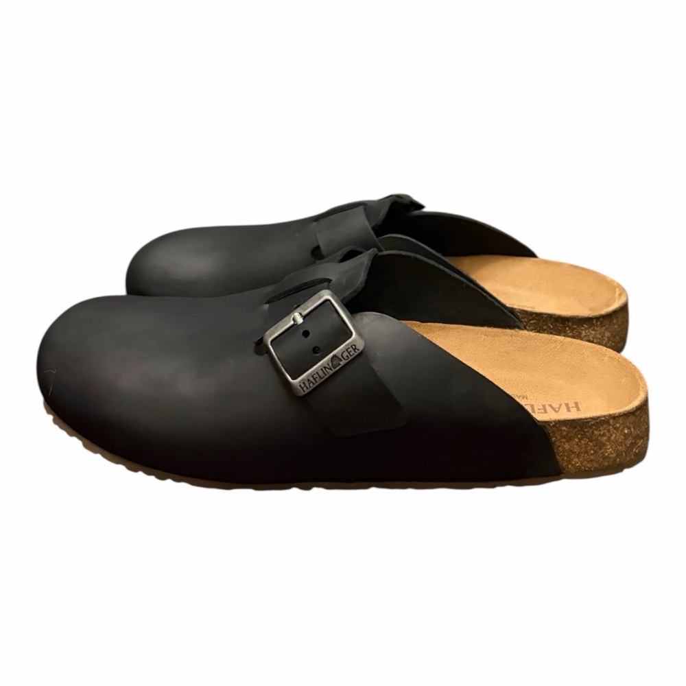 Haflinger Black Leather Upper Unisex Clogs with Silver Buckle.